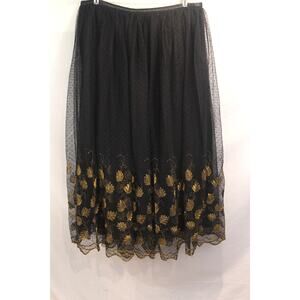 Zoe D Skirt Sheer Tulle Mesh Overlay Womens L Black Lined Gold Embroidery Hem